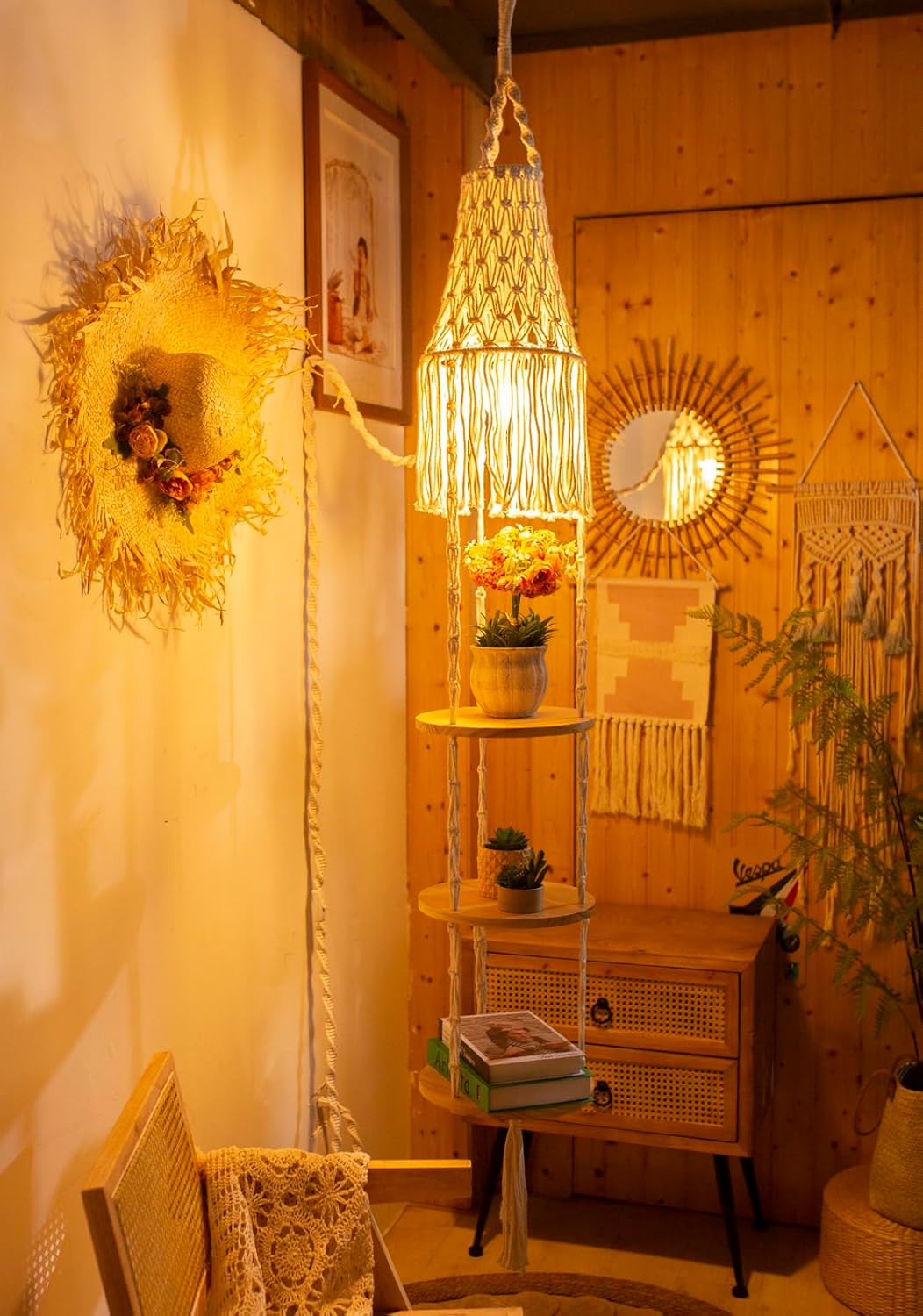 Macrame Lamp Shade and Hanging Plant Holder Shelf Indoor for Boho Bedroom Decor Plug in Pendant Light Hanging Light with Plug in Cord and Switch for Bohemian Office Corner Reading Light (Cream)