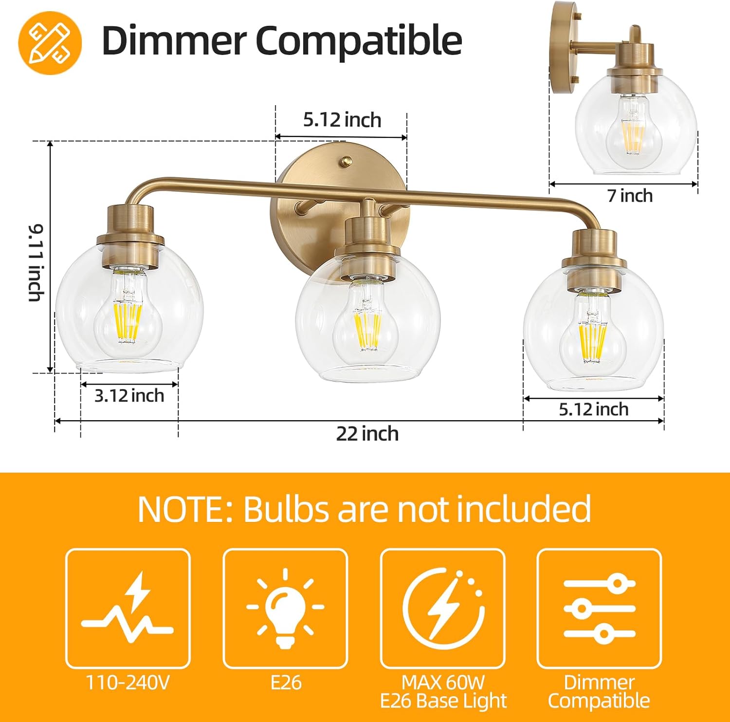 22 Inch Bathroom Light Fixtures Gold Vanity Light 3 Light Wall Sconces Lighting Brushed Brass Lights with Clear Globe Glass Shades Bath Wall Lamp for Mirror Living Room Bedroom Hallway