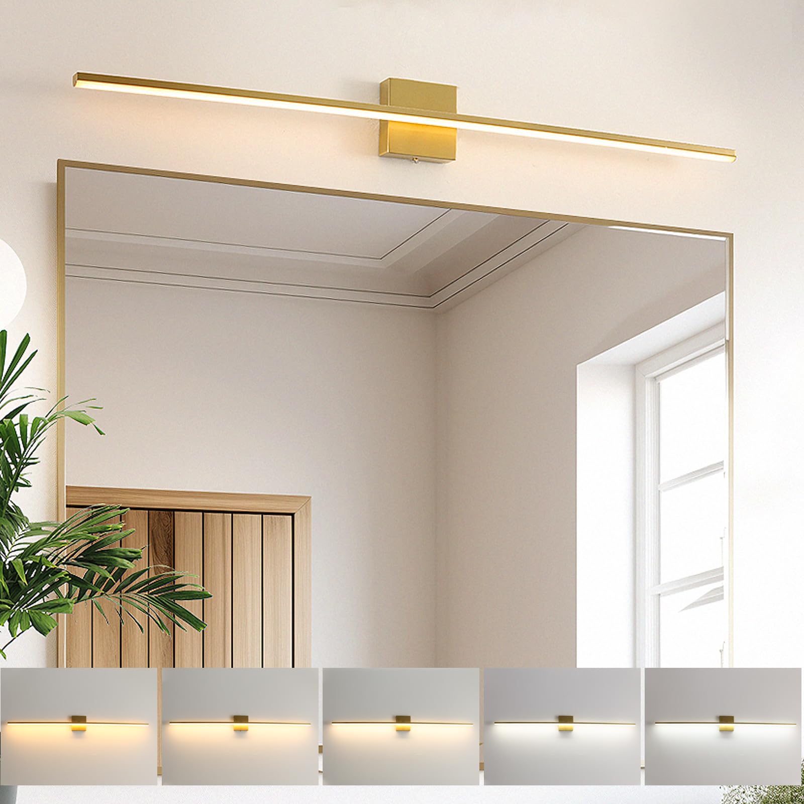 Brushed Gold Vanity Light 16 Inch Modern Bathroom Light Fixtures 14W Wall Vanity Lamp Over Mirror, Dimmable 5CCT LED Wall Sconce for Bedroom Cabinets UL Certificated