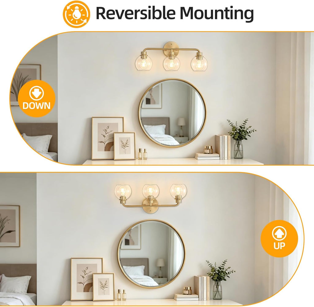 22 Inch Bathroom Light Fixtures Gold Vanity Light 3 Light Wall Sconces Lighting Brushed Brass Lights with Clear Globe Glass Shades Bath Wall Lamp for Mirror Living Room Bedroom Hallway
