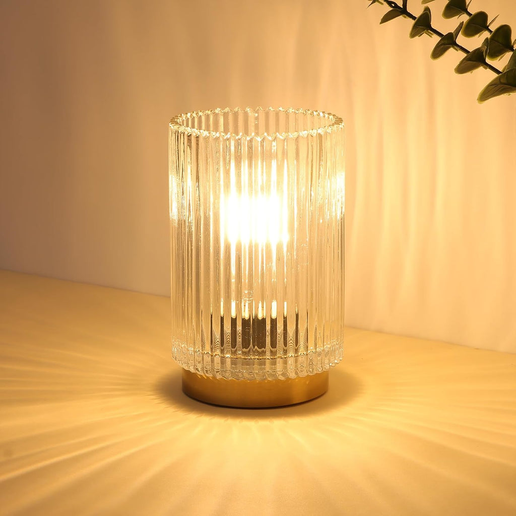 Amber Glass Battery Operated Cordless Table Lamp with Timer, Warm LED Bedside Lamp for Bedroom Bathroom