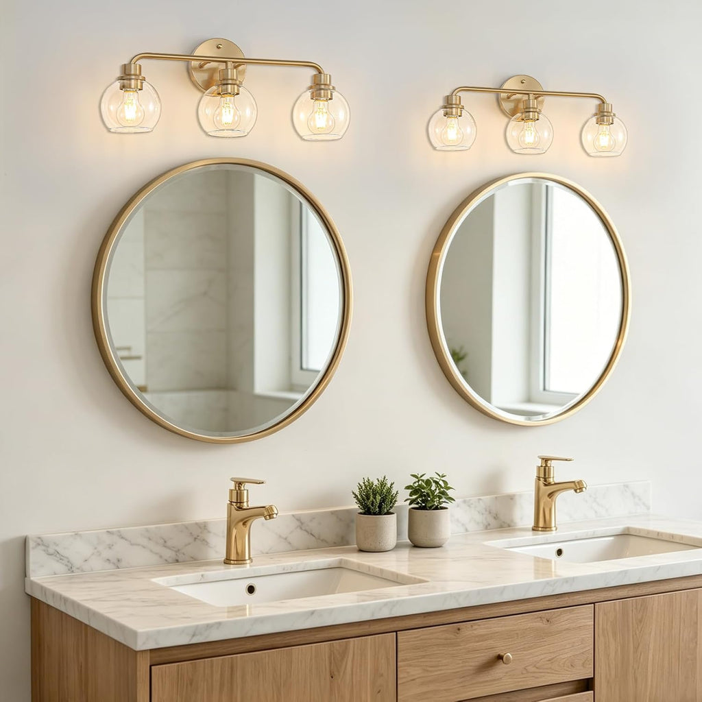 22 Inch Bathroom Light Fixtures Gold Vanity Light 3 Light Wall Sconces Lighting Brushed Brass Lights with Clear Globe Glass Shades Bath Wall Lamp for Mirror Living Room Bedroom Hallway
