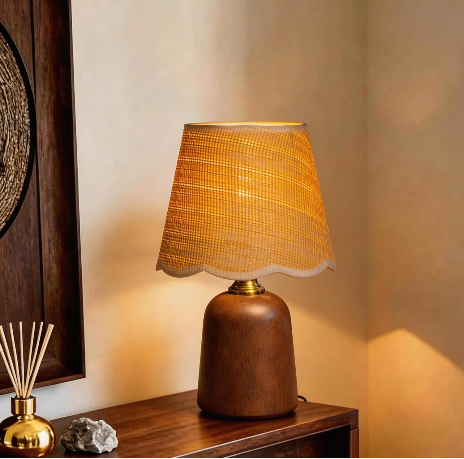 13" Solid Walnut Style Wood Small Table Lamp, Boho Bedside Lamp for Mid-Century Modern Decor, 3-Color Dimmable Woven Shade, Aesthetic Nightstand Light for Living Room, E26 LED Bulb Included