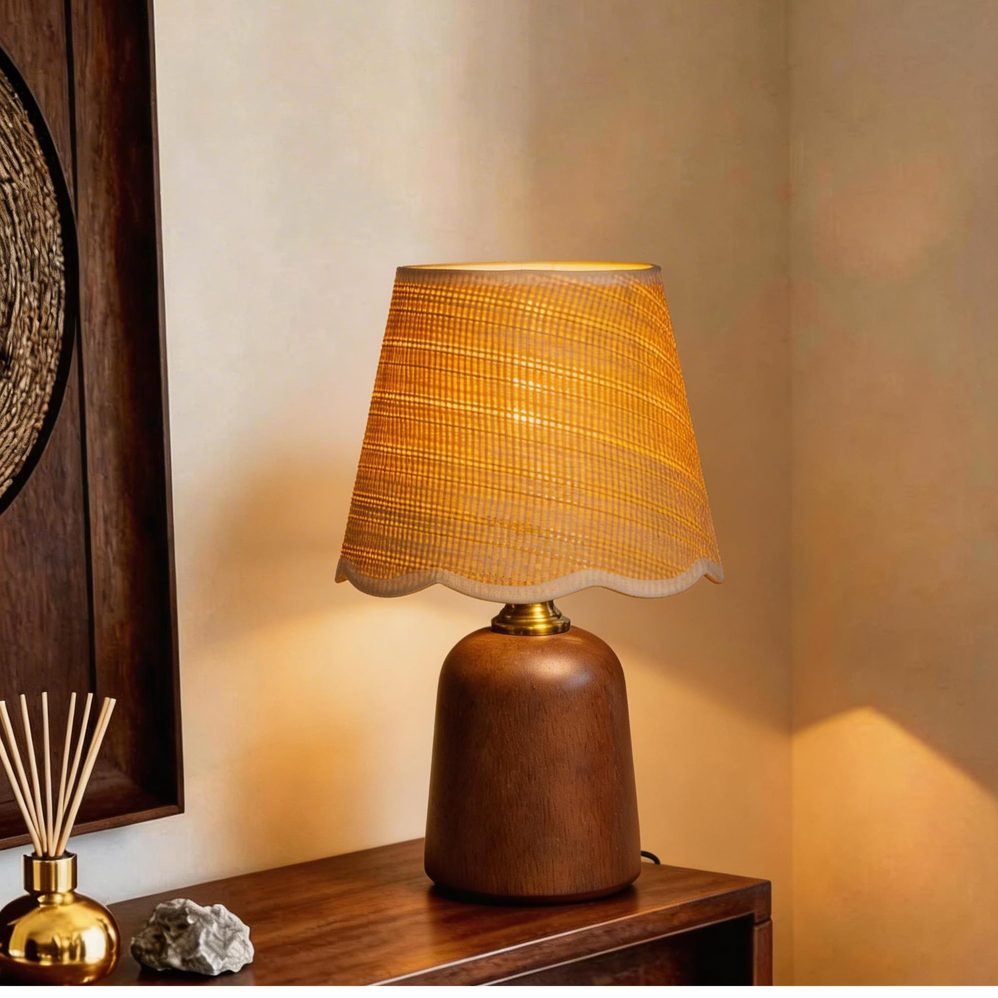 13" Solid Walnut Style Wood Small Table Lamp, Boho Bedside Lamp for Mid-Century Modern Decor, 3-Color Dimmable Woven Shade, Aesthetic Nightstand Light for Living Room, E26 LED Bulb Included