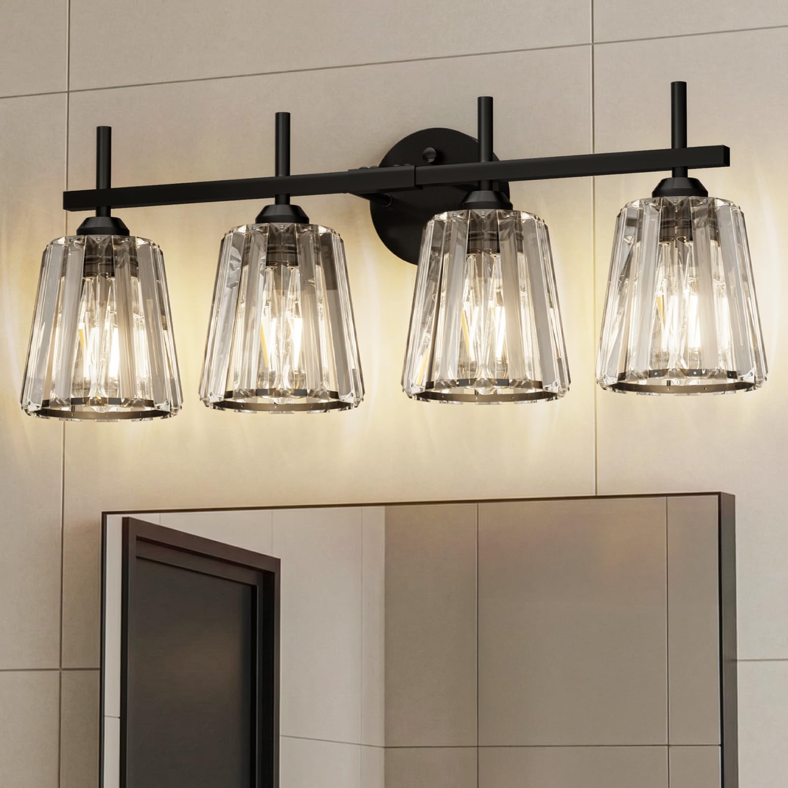 Crystal Bathroom Light Fixtures Over Mirror, Gold 4-Light Bathroom Vanity Lights Over Mirror Modern Wall Lighting Sconces with Ceramic E26 Base (Bulbs Not Include)