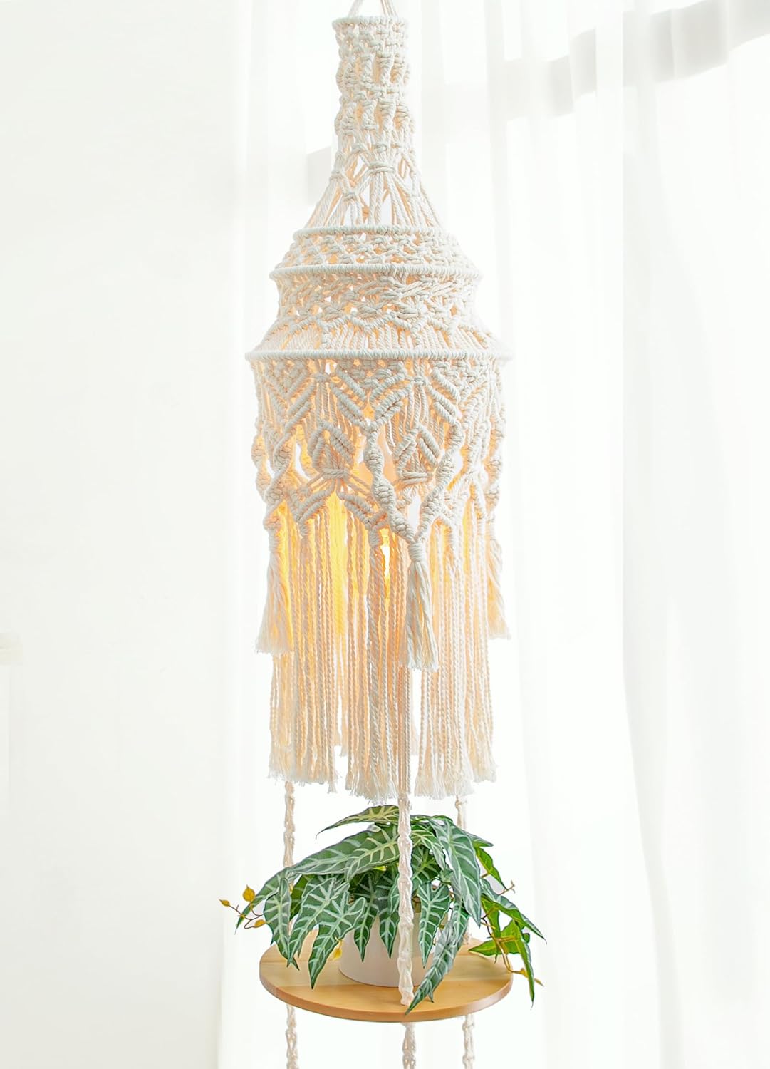 ANROYE 3-Tier Cotton Macrame Hanging Light Fixture Shelf, Boho Corner Pendant Lamp Shade Shelves, Farmhouse Ceiling Plant Hanger Indoor Decor for Women Bedroom Christmas Gift