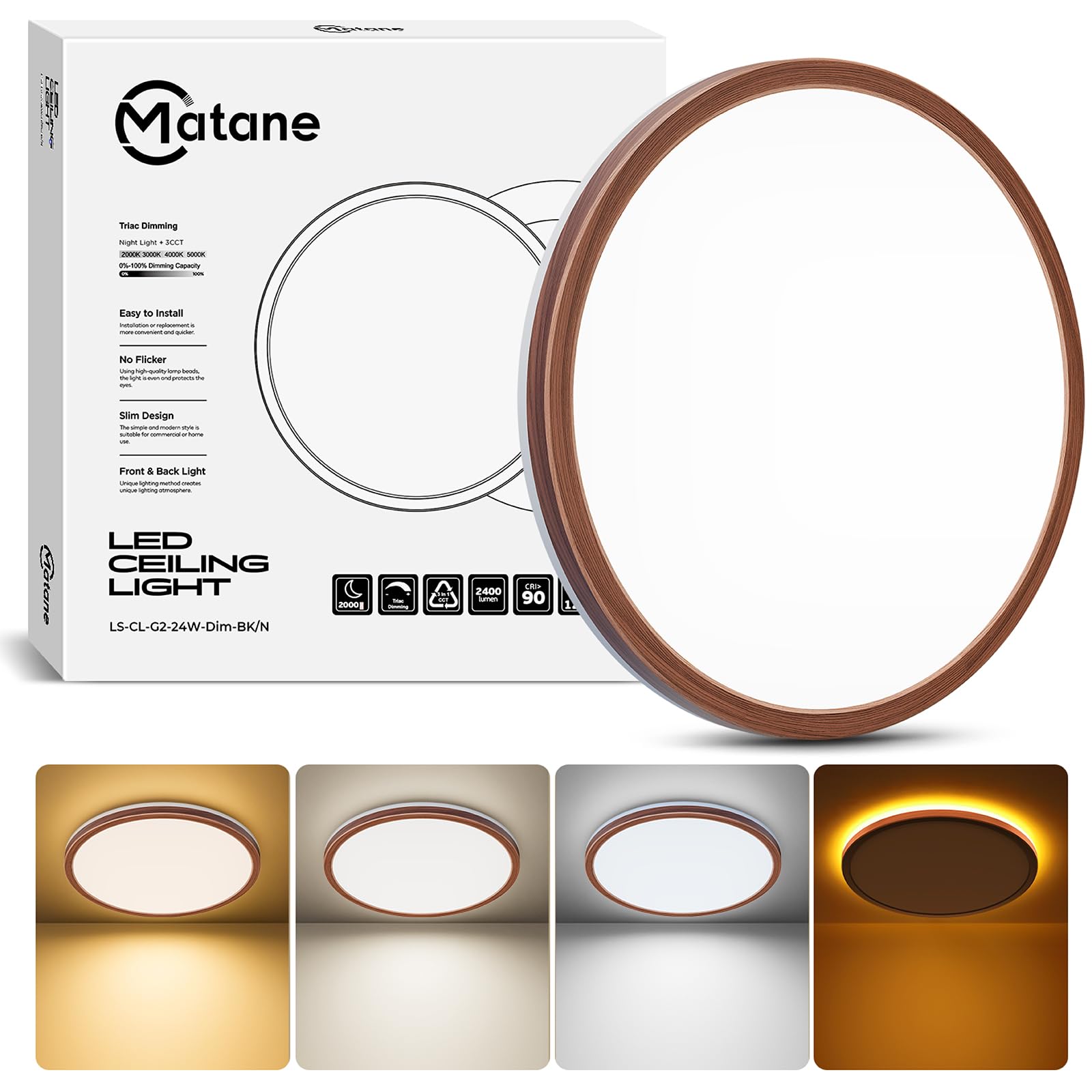 Matane 12 Inch LED Flush Mount Ceiling Light Fixture with Night Light, 24W 2400LM 3000K/4000K/5000K Selectable, Dimmable Ceiling Lights for Bedroom, Dining Room, Kitchen, Round Black