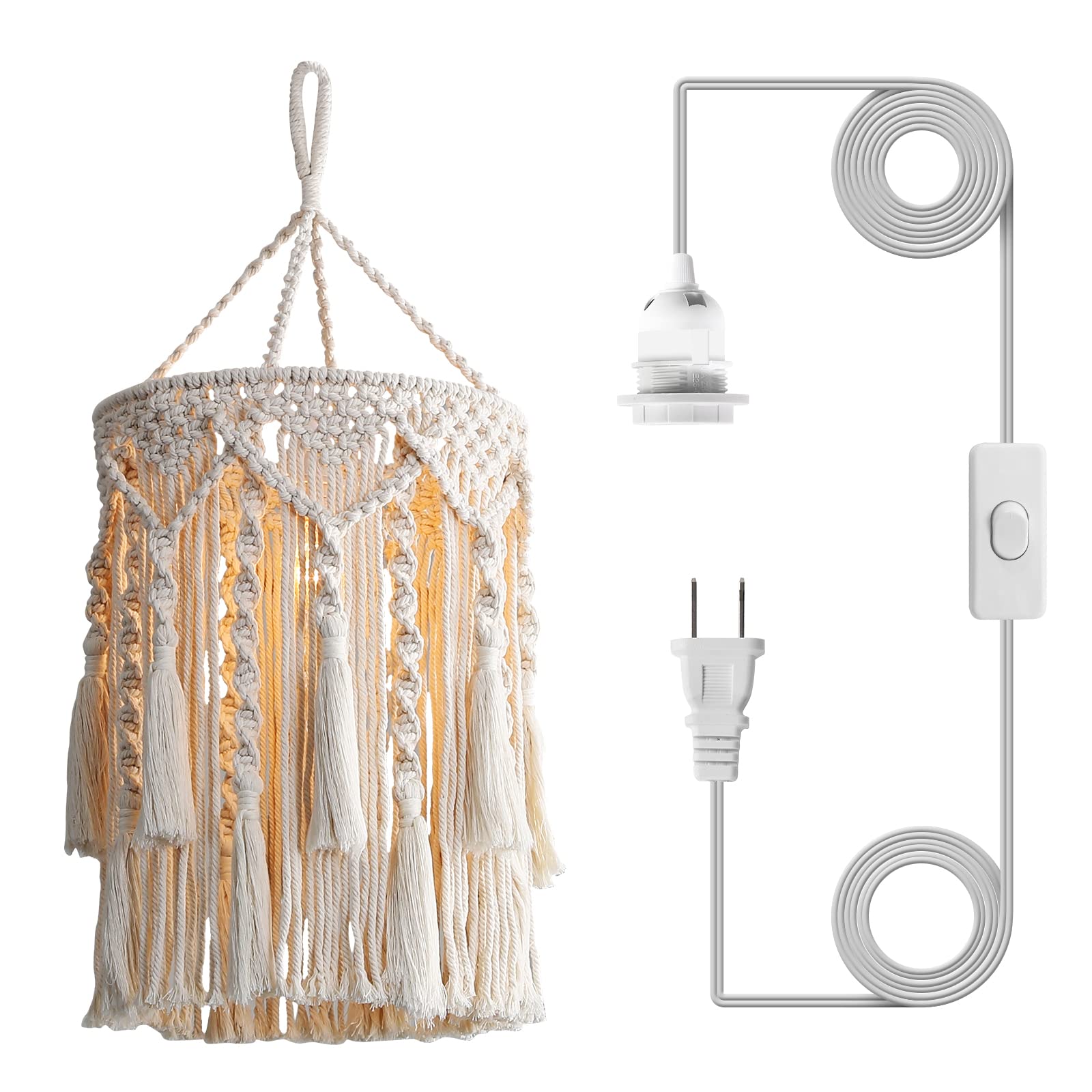 Bioaqua Boho Lamp Shade,Boho Hanging Lamp Handmade Macrame Lamp Shade Plug in Pendant Light,Bohemian Hanging Lights with Plug in Cord Light Fixtures for Boho Bedroom Decor Living Room (Type5)