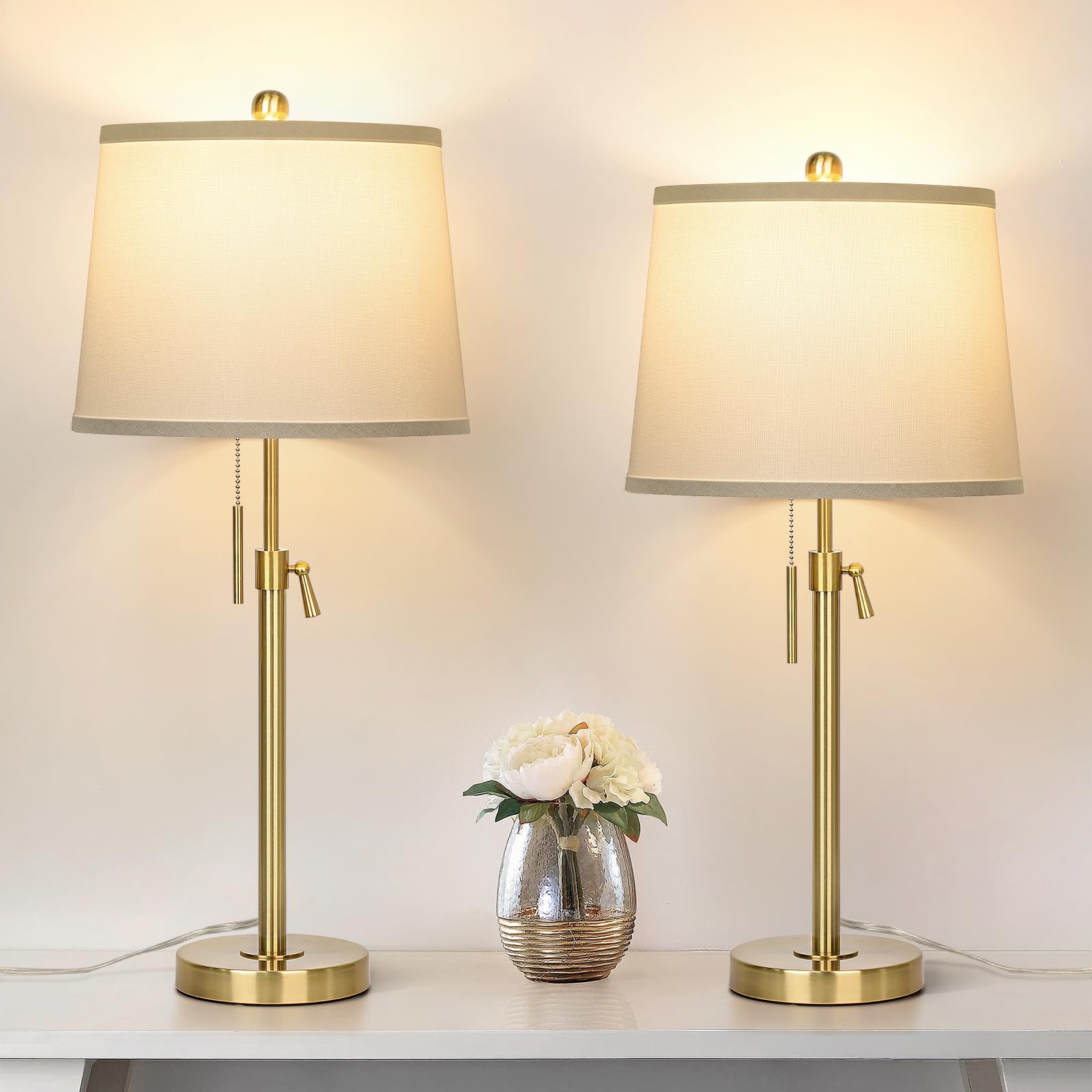 JUNNAI 2 Pack 22"-30" Adjustable Height Table Lamps Set, Modern Gold Table Lamps with White Shade 3 Colour Temperature Pull Chain Tall Lamps for Living Room Bedroom Bedside End Table Nightstand