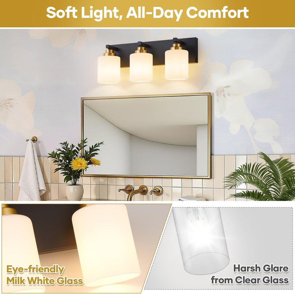 Vanity Lights for Bathroom, 3-Light Black and Gold Bathroom Vanity Light Over Mirror with Milky White Glass Shades, Modern Bathroom Light Fixtures for Living Room Hallway Cabinet (Bulbs Not Included)