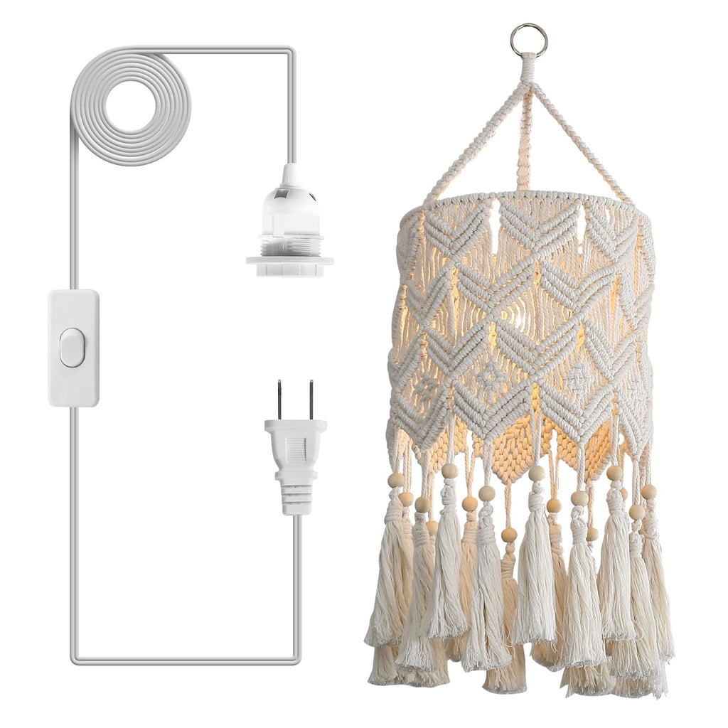 Handmade Macrame Boho Plug-in Pendant Lamp Shade, Hanging Light for Bedroom Living Room (Type 2)