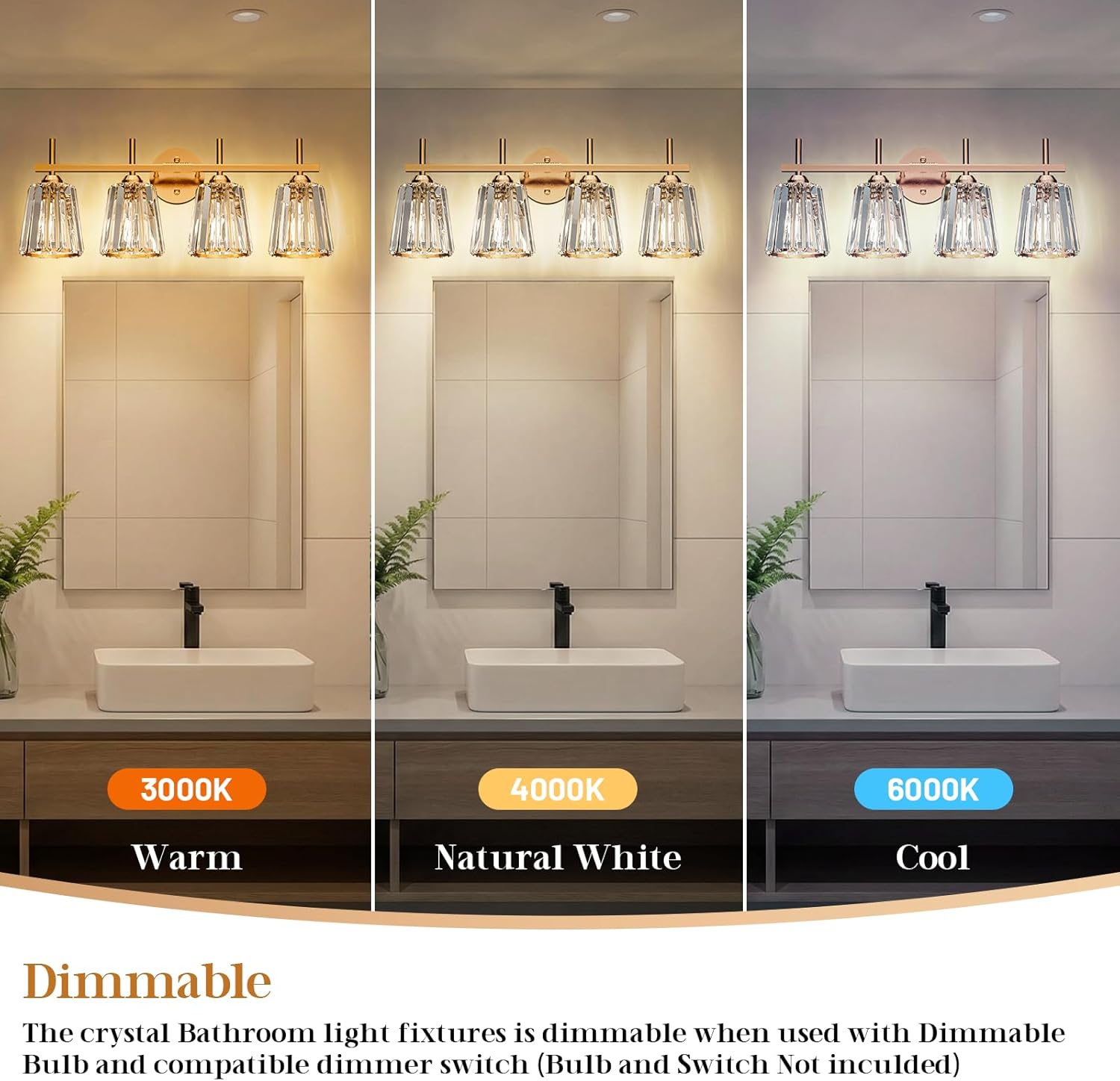 Crystal Bathroom Light Fixtures Over Mirror, Gold 4-Light Bathroom Vanity Lights Over Mirror Modern Wall Lighting Sconces with Ceramic E26 Base (Bulbs Not Include)