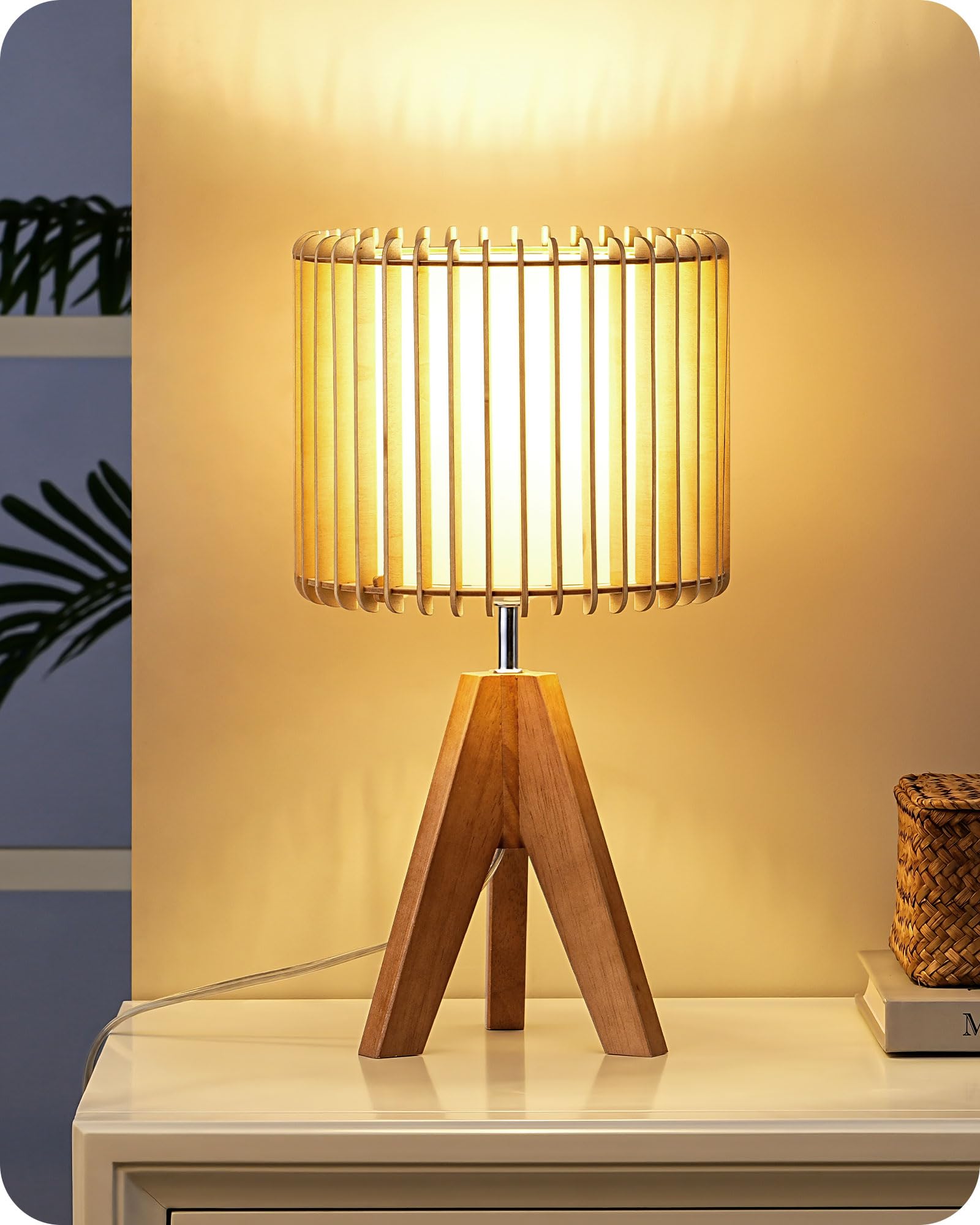 EDISHINE Tripod Table Lamp, Small Cute Bedside Lamp with Linen Beige Lampshade, Nightstand Lamp for Nursery, Bedroom, Kid Room, Living Room, Light Brown Wooden Base, E26 Socket, 14.2 Inch