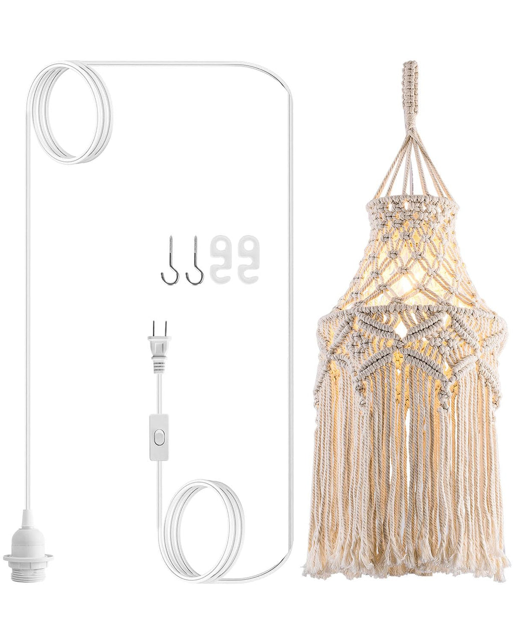 Boho Plug in Pendant Light Macrame Lamp Shade, Hanging Lamp with Plug in Cord,On/Off Switch,Bohemian Hanging Light Fixtures That Plug Into Wall Outlet for Bedroom Decor Living Room