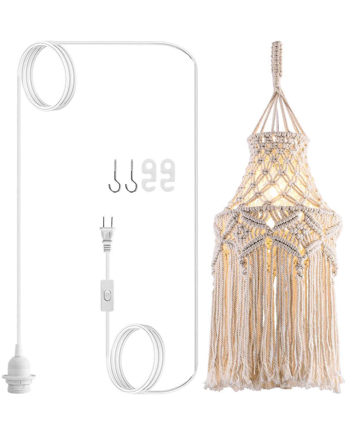 Boho Plug in Pendant Light Macrame Lamp Shade, Hanging Lamp with Plug in Cord,On/Off Switch,Bohemian Hanging Light Fixtures That Plug Into Wall Outlet for Bedroom Decor Living Room
