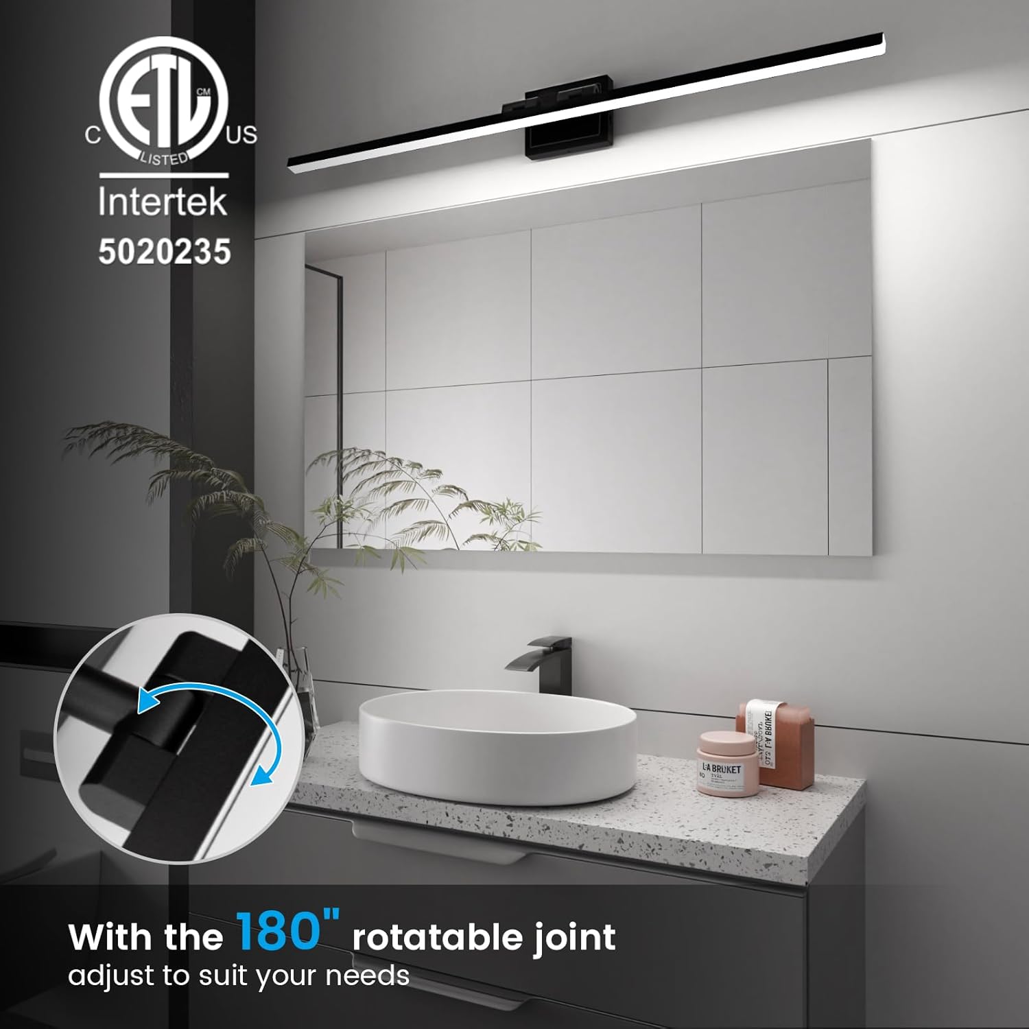 VOLISUN Modern Bathroom Vanity Light 48 inch, Rotatable, 30W Dimmable 5CCT Led Bathroom Light Fixture Over Mirror, Black Bar Vanity Light for Bathroom Mirror Cabinets-ETL Certificated