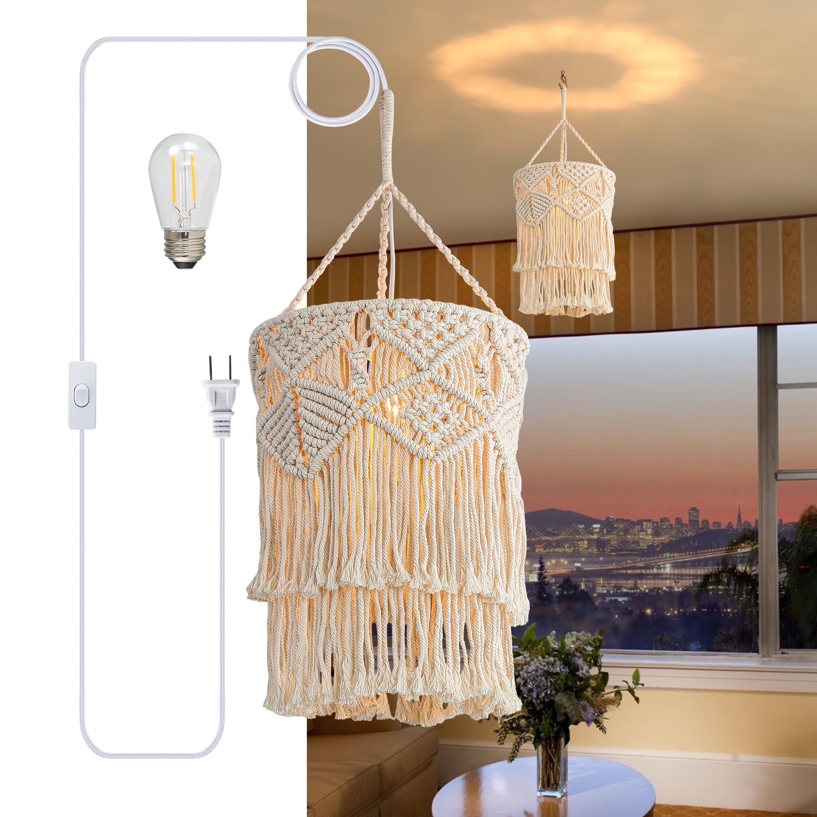 Bioaqua Boho Lamp Shade,Boho Hanging Lamp Handmade Macrame Lamp Shade Plug in Pendant Light,Bohemian Hanging Lights with Plug in Cord Light Fixtures for Boho Bedroom Decor Living Room (Type5)