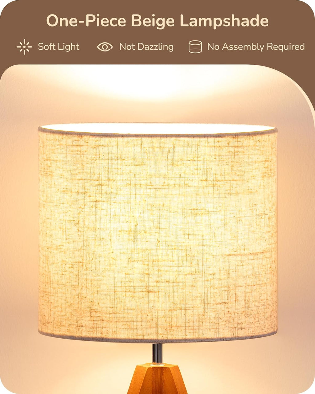 EDISHINE Tripod Table Lamp, Small Cute Bedside Lamp with Linen Beige Lampshade, Nightstand Lamp for Nursery, Bedroom, Kid Room, Living Room, Light Brown Wooden Base, E26 Socket, 14.2 Inch