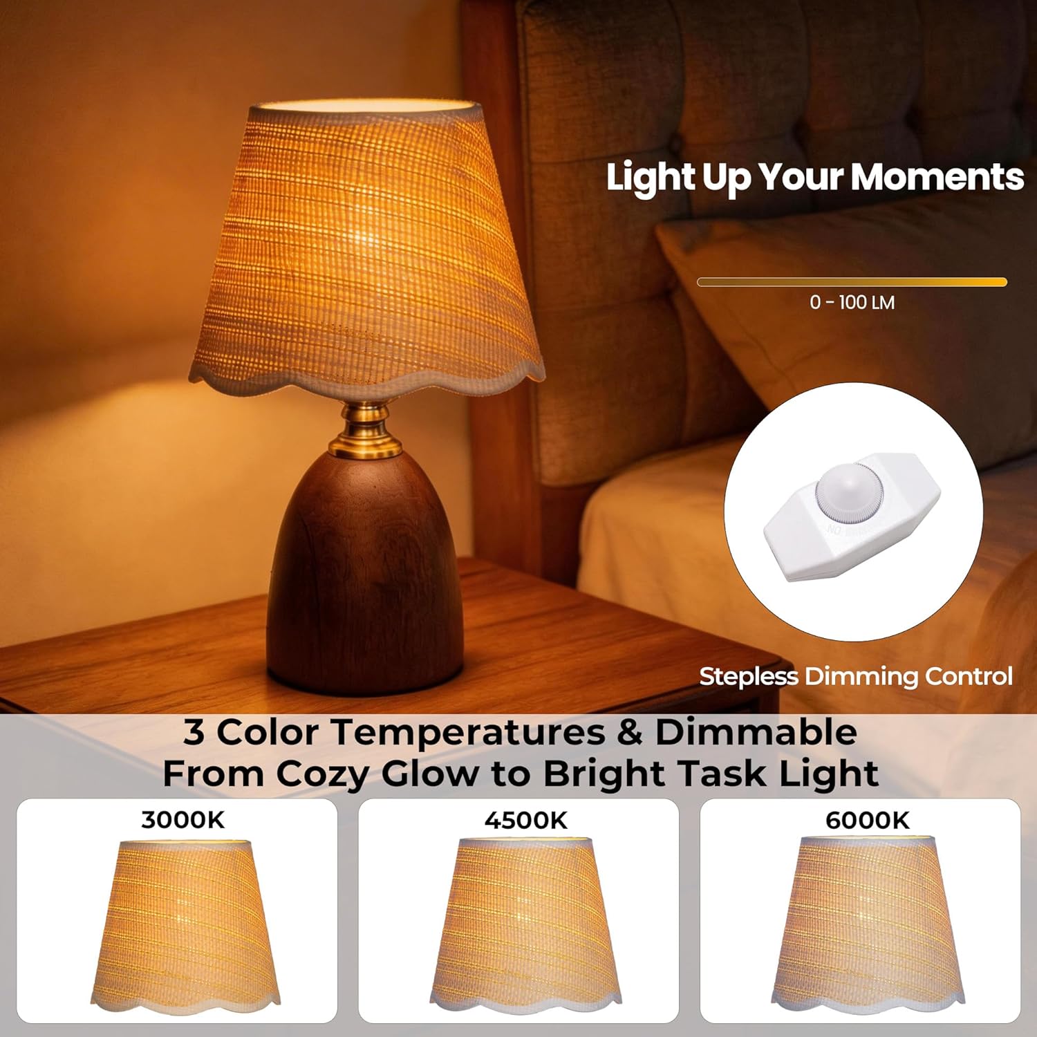 13" Solid Walnut Style Wood Small Table Lamp, Boho Bedside Lamp for Mid-Century Modern Decor, 3-Color Dimmable Woven Shade, Aesthetic Nightstand Light for Living Room, E26 LED Bulb Included