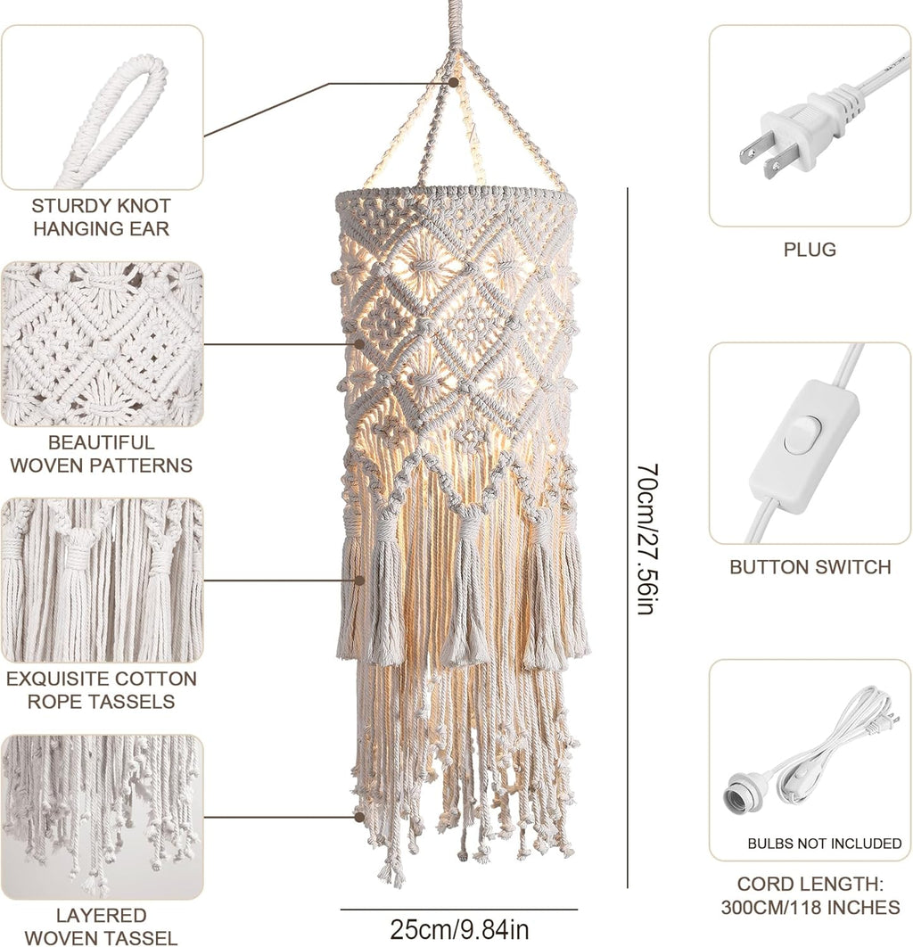 Bioaqua Hanging Lamp,Boho Light Fixture with Plug in Cord,Macrame Hand-Woven Cotton Pendant Lamp Shade,Bohemian Pendant Light Plug in for Living Room Bedroom Kitchen Island Dining Room Decor Homestay