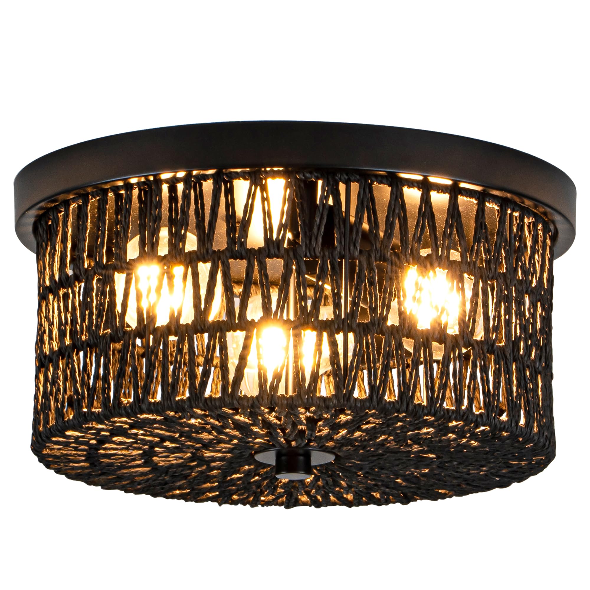 Rattan Ceiling Light, 3 Light Boho Light Fixture, Round Woven Flush Mount Ceiling Light for Entryway, Hallway, Bedroom, Kitchen