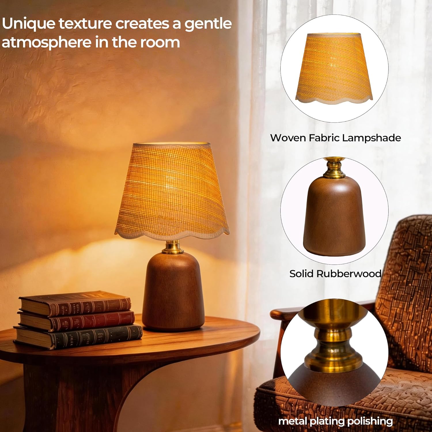 13" Solid Walnut Style Wood Small Table Lamp, Boho Bedside Lamp for Mid-Century Modern Decor, 3-Color Dimmable Woven Shade, Aesthetic Nightstand Light for Living Room, E26 LED Bulb Included