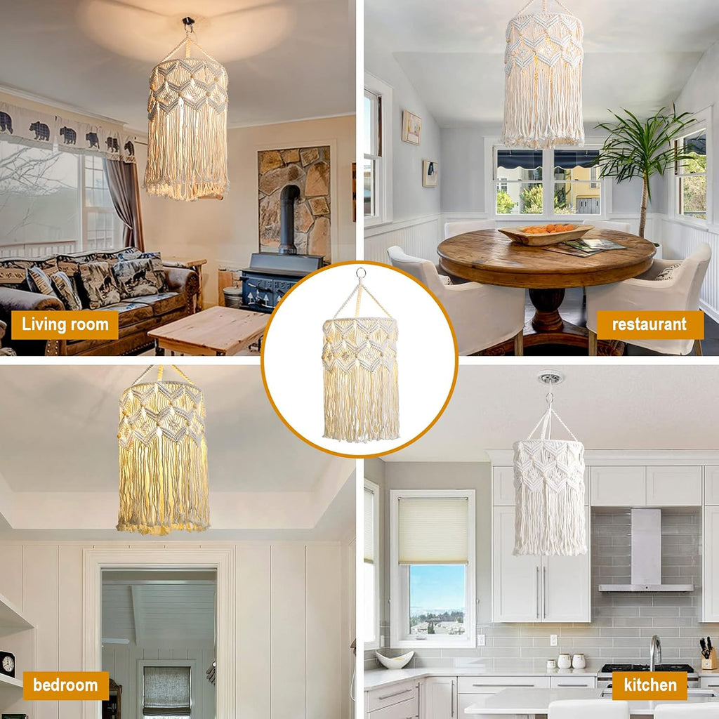 Handmade Macrame Boho Plug-in Pendant Lamp Shade, Hanging Light for Bedroom Living Room (Type 2)