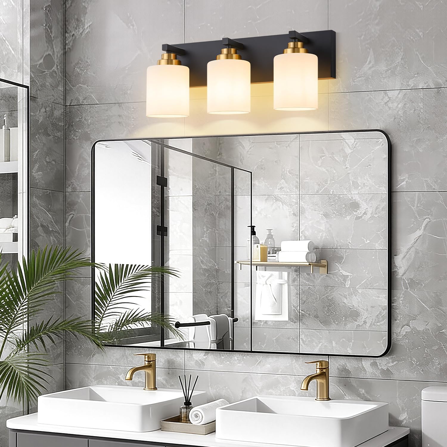 Vanity Lights for Bathroom, 3-Light Black and Gold Bathroom Vanity Light Over Mirror with Milky White Glass Shades, Modern Bathroom Light Fixtures for Living Room Hallway Cabinet (Bulbs Not Included)