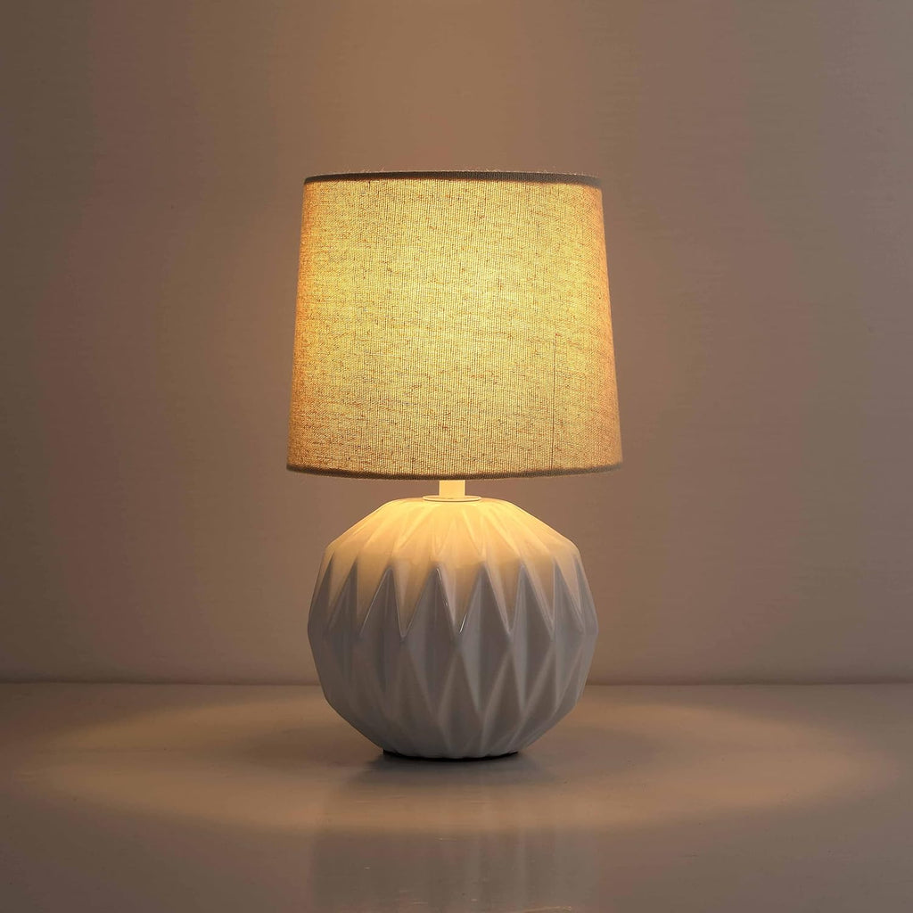 White Ceramic Table Lamp, Geometric Textured Small Bedside Lamp with Linen Shade, Mid Century Modern Nightstand Lamp for Bedroom Living Room Reading Room, H 12" x W 6.7", 7W LED Bulb Included