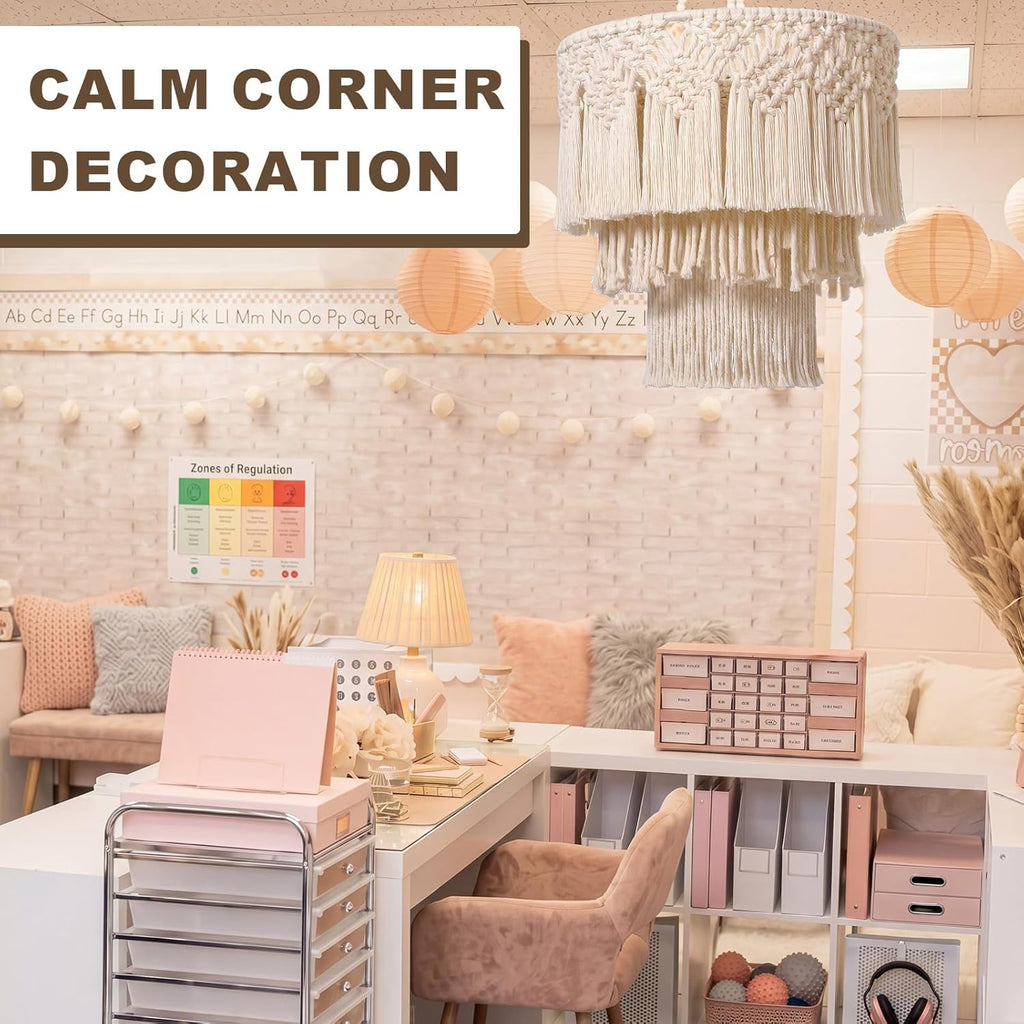 Hahafelt Boho Hanging Lamp Shade Boho Classroom Hanging Decoration Woven Macrame Lamp Shade 14x12 Inch Natural 3 Tier Tassel Pendant Light Cover for Bohemian Back to School Classroom Ceiling Decor
