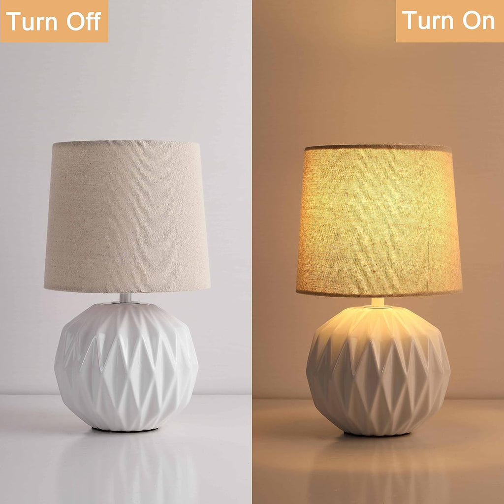 White Ceramic Table Lamp, Geometric Textured Small Bedside Lamp with Linen Shade, Mid Century Modern Nightstand Lamp for Bedroom Living Room Reading Room, H 12" x W 6.7", 7W LED Bulb Included