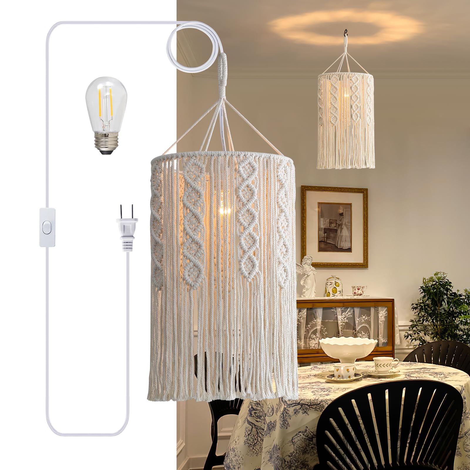 Bioaqua Boho Lamp Shade,Boho Hanging Lamp Handmade Macrame Lamp Shade Plug in Pendant Light,Bohemian Hanging Lights with Plug in Cord Light Fixtures for Boho Bedroom Decor Living Room (Type5)