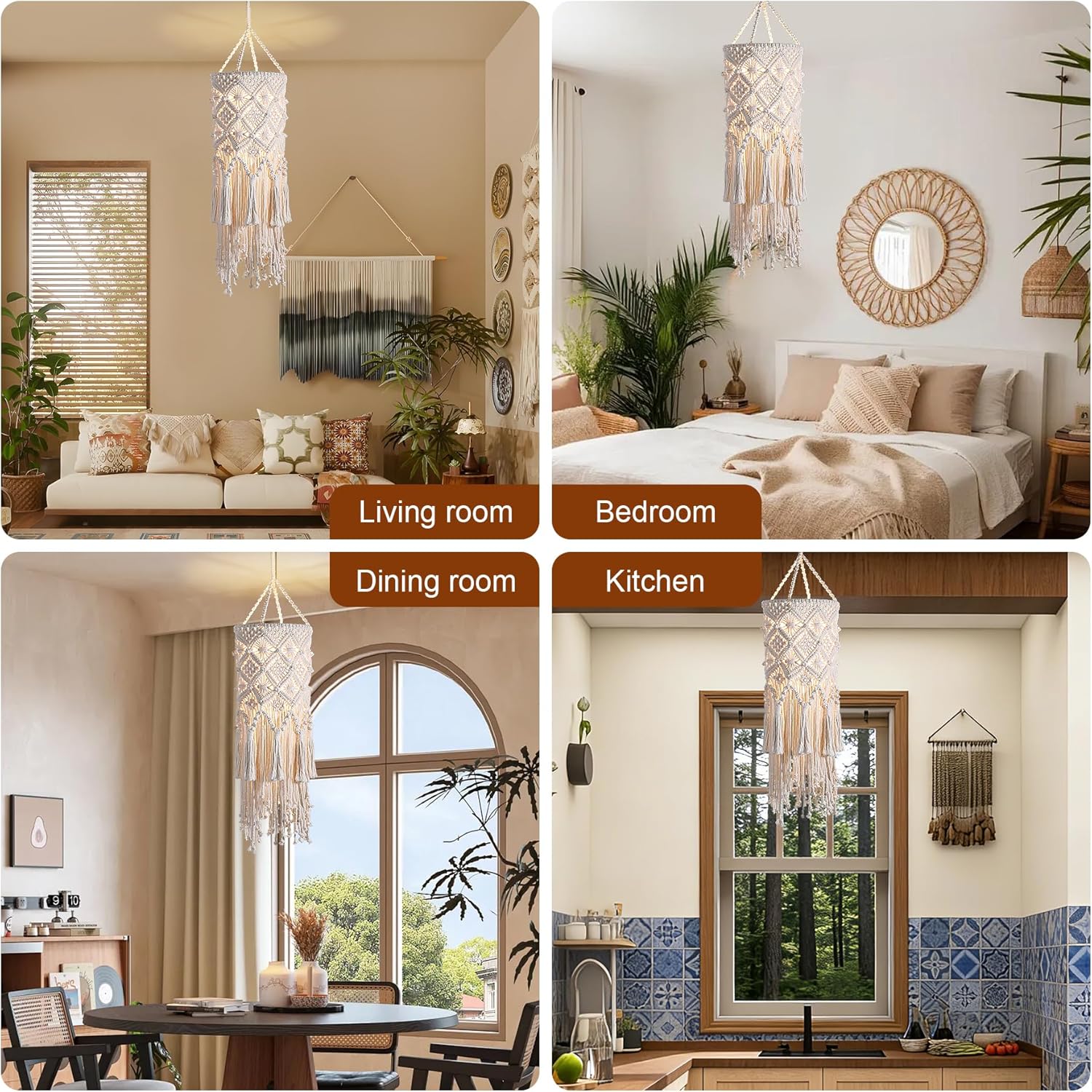 Bioaqua Hanging Lamp,Boho Light Fixture with Plug in Cord,Macrame Hand-Woven Cotton Pendant Lamp Shade,Bohemian Pendant Light Plug in for Living Room Bedroom Kitchen Island Dining Room Decor Homestay
