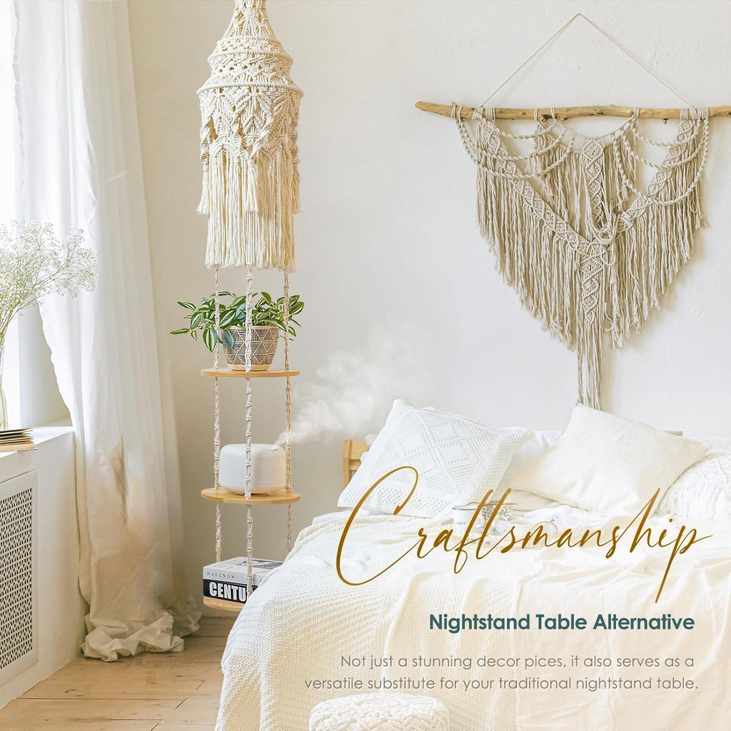 ANROYE 3-Tier Cotton Macrame Hanging Light Fixture Shelf, Boho Corner Pendant Lamp Shade Shelves, Farmhouse Ceiling Plant Hanger Indoor Decor for Women Bedroom Christmas Gift