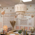 Hahafelt Boho Hanging Lamp Shade Boho Classroom Hanging Decoration Woven Macrame Lamp Shade 14x12 Inch Natural 3 Tier Tassel Pendant Light Cover for Bohemian Back to School Classroom Ceiling Decor