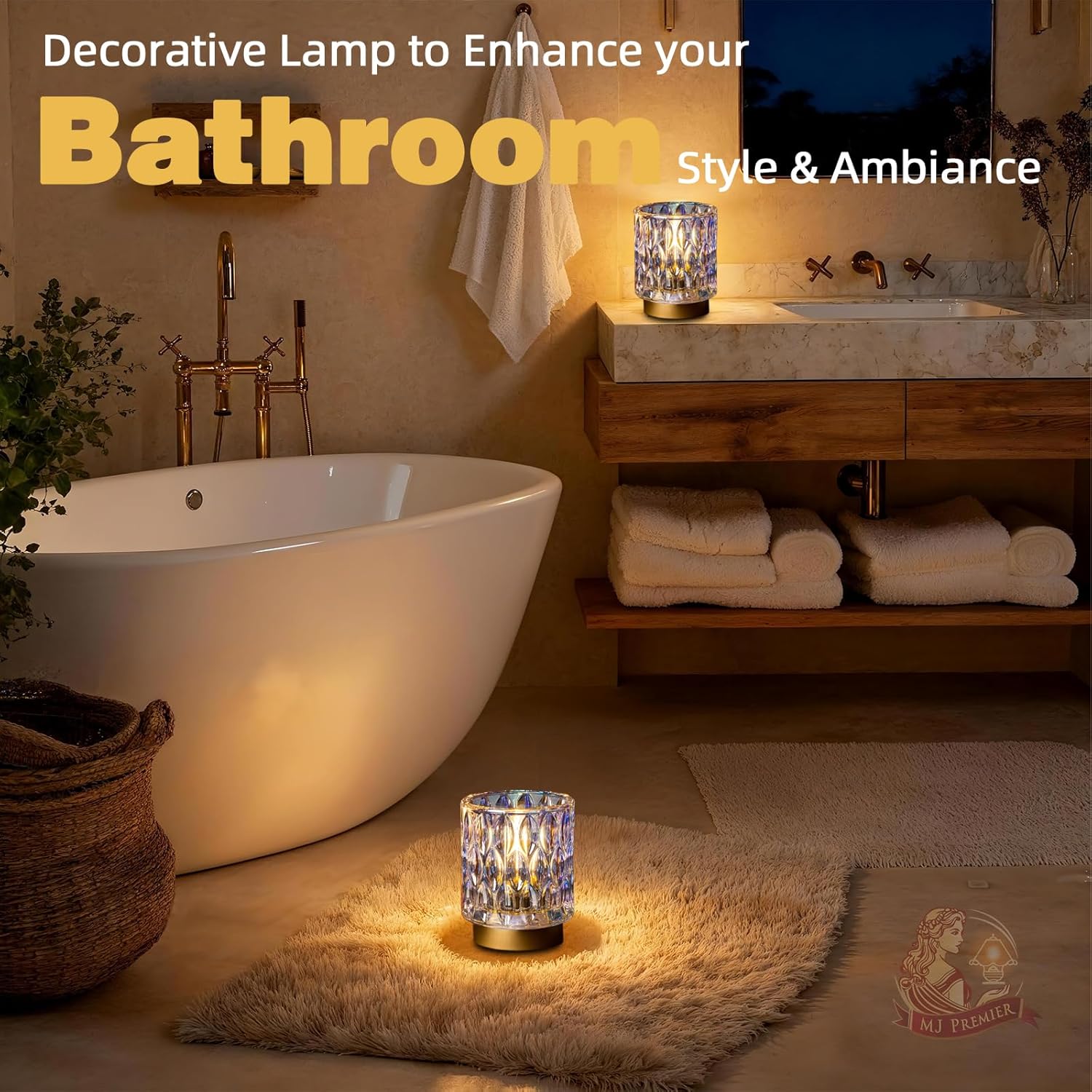 Battery Operated Table Lamps Timer, Mini Crystal Lamp for Area No Plug, Cordless Lamp with LED Bulb for Power Outage, Decorative Lamps for Tabletop/Corner/Entryway/Stairway/Bathroom/Fireplace(2*PEARL)