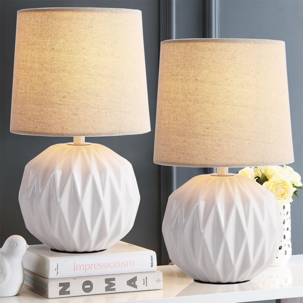 White Ceramic Table Lamp, Geometric Textured Small Bedside Lamp with Linen Shade, Mid Century Modern Nightstand Lamp for Bedroom Living Room Reading Room, H 12" x W 6.7", 7W LED Bulb Included