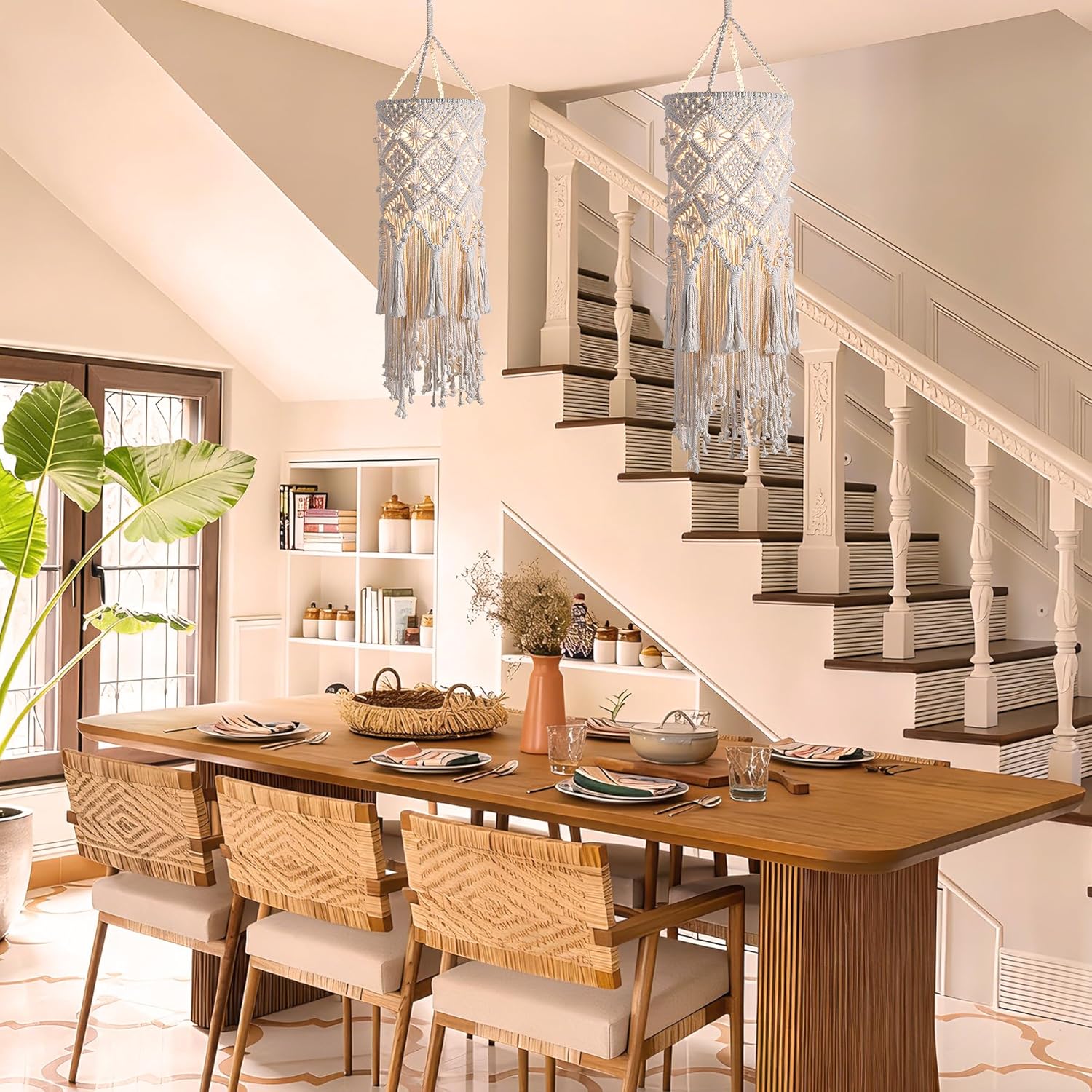 Bioaqua Hanging Lamp,Boho Light Fixture with Plug in Cord,Macrame Hand-Woven Cotton Pendant Lamp Shade,Bohemian Pendant Light Plug in for Living Room Bedroom Kitchen Island Dining Room Decor Homestay