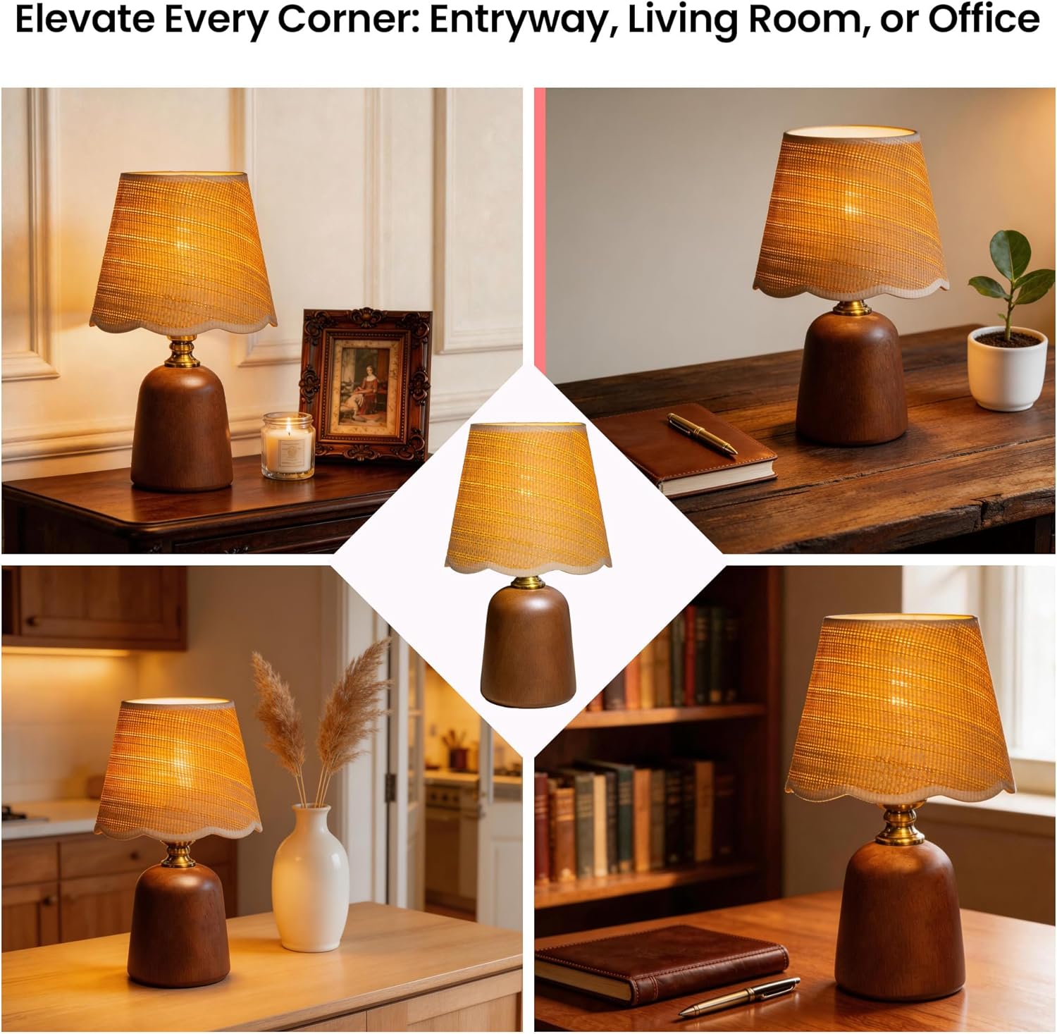 13" Solid Walnut Style Wood Small Table Lamp, Boho Bedside Lamp for Mid-Century Modern Decor, 3-Color Dimmable Woven Shade, Aesthetic Nightstand Light for Living Room, E26 LED Bulb Included
