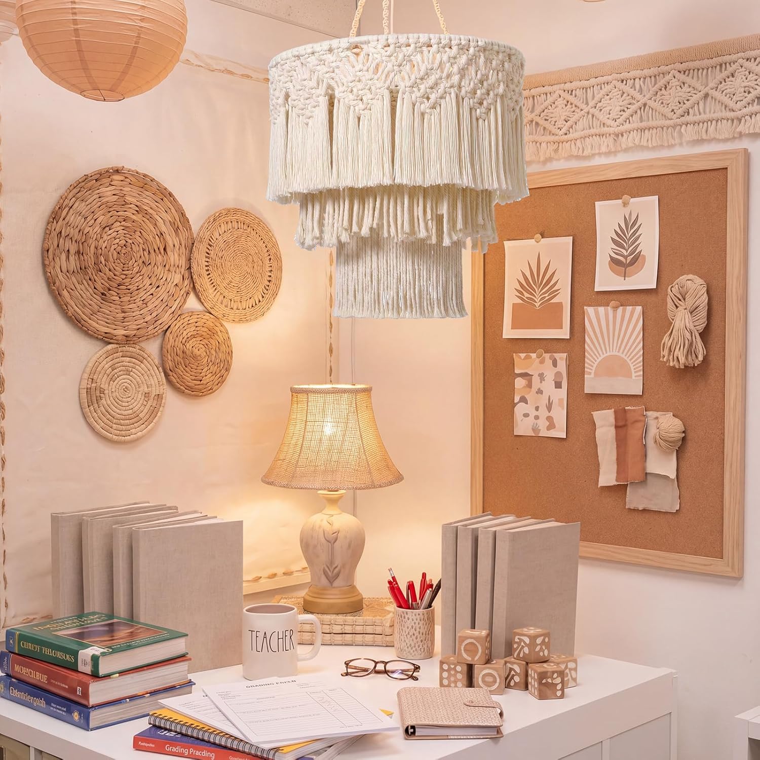 Hahafelt Boho Hanging Lamp Shade Boho Classroom Hanging Decoration Woven Macrame Lamp Shade 14x12 Inch Natural 3 Tier Tassel Pendant Light Cover for Bohemian Back to School Classroom Ceiling Decor