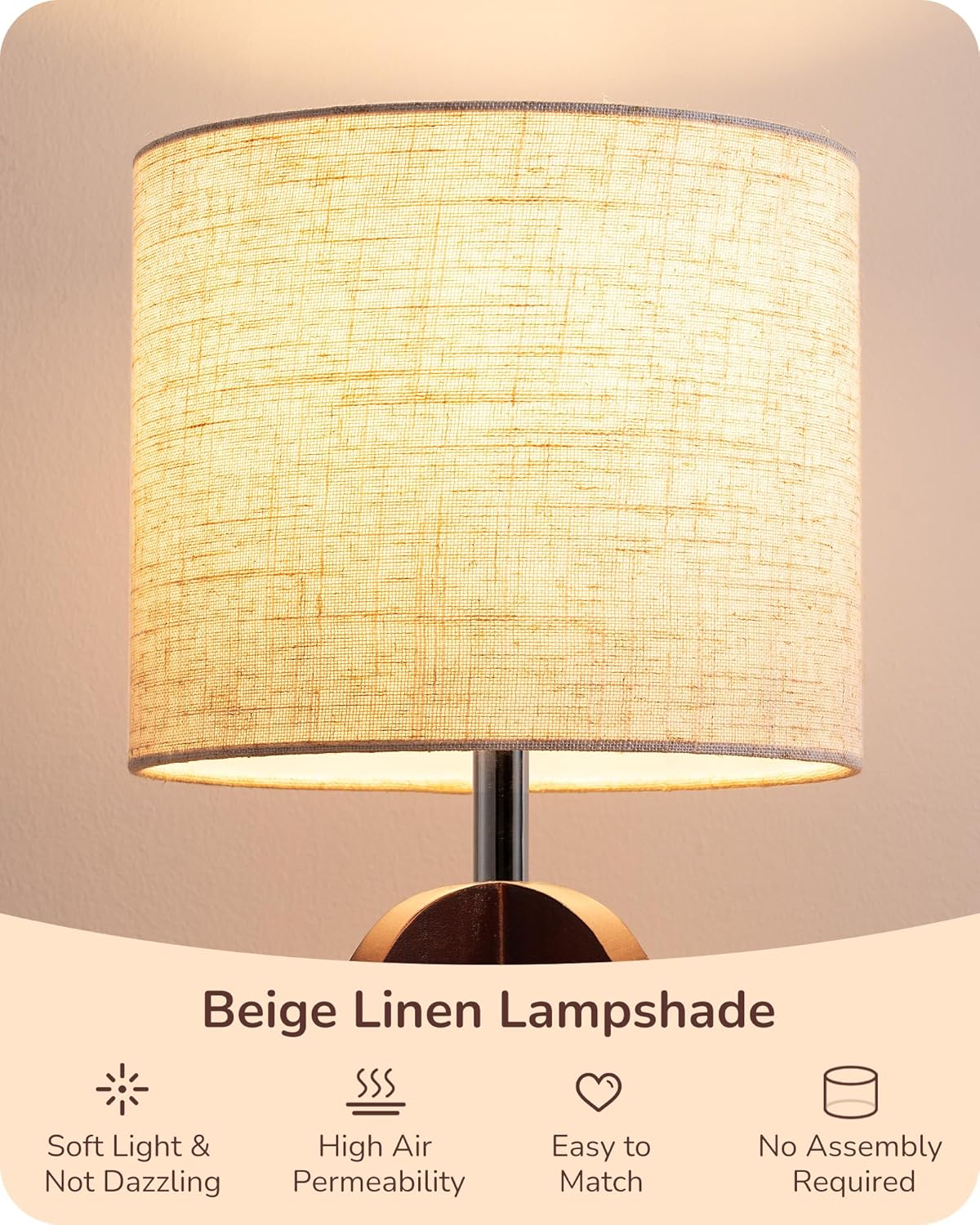EDISHINE 14.17" Small Table Lamp, Integrated Four-Legged Wooden Bedside Lamp Base, Beige Linen Lampshade, E26, Modern Nightstand Lamp for Nursery, Bedroom, End Table, ON/Off Switch