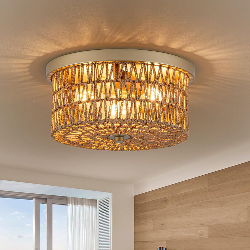 Rattan Ceiling Light, 3 Light Boho Light Fixture, Round Woven Flush Mount Ceiling Light for Entryway, Hallway, Bedroom, Kitchen