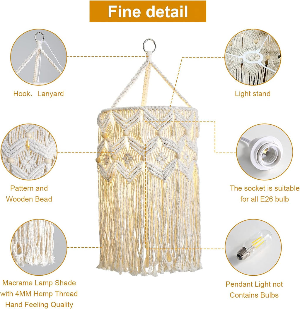 Handmade Macrame Boho Plug-in Pendant Lamp Shade, Hanging Light for Bedroom Living Room (Type 2)