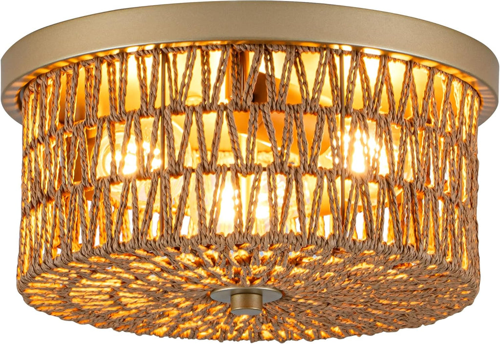 Rattan Ceiling Light, 3 Light Boho Light Fixture, Round Woven Flush Mount Ceiling Light for Entryway, Hallway, Bedroom, Kitchen