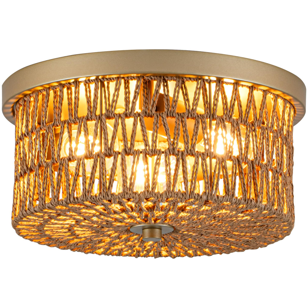 Rattan Ceiling Light, 3 Light Boho Light Fixture, Round Woven Flush Mount Ceiling Light for Entryway, Hallway, Bedroom, Kitchen