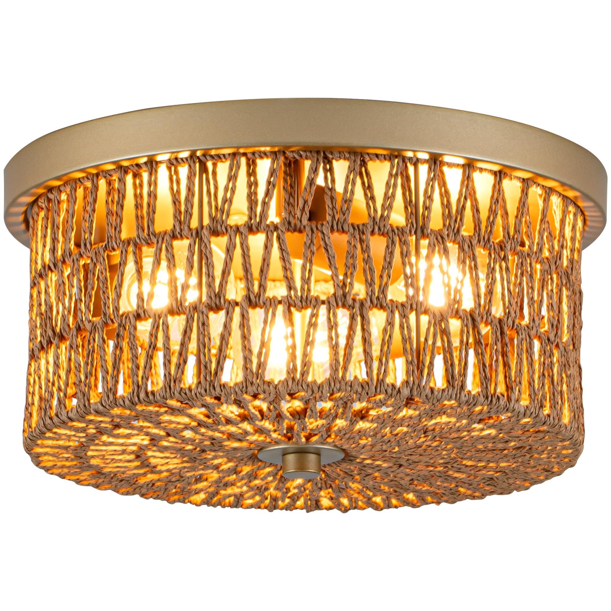 Rattan Ceiling Light, 3 Light Boho Light Fixture, Round Woven Flush Mount Ceiling Light for Entryway, Hallway, Bedroom, Kitchen