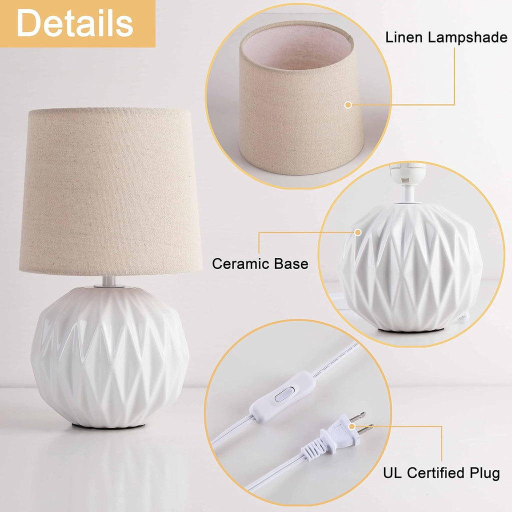 White Ceramic Table Lamp, Geometric Textured Small Bedside Lamp with Linen Shade, Mid Century Modern Nightstand Lamp for Bedroom Living Room Reading Room, H 12" x W 6.7", 7W LED Bulb Included
