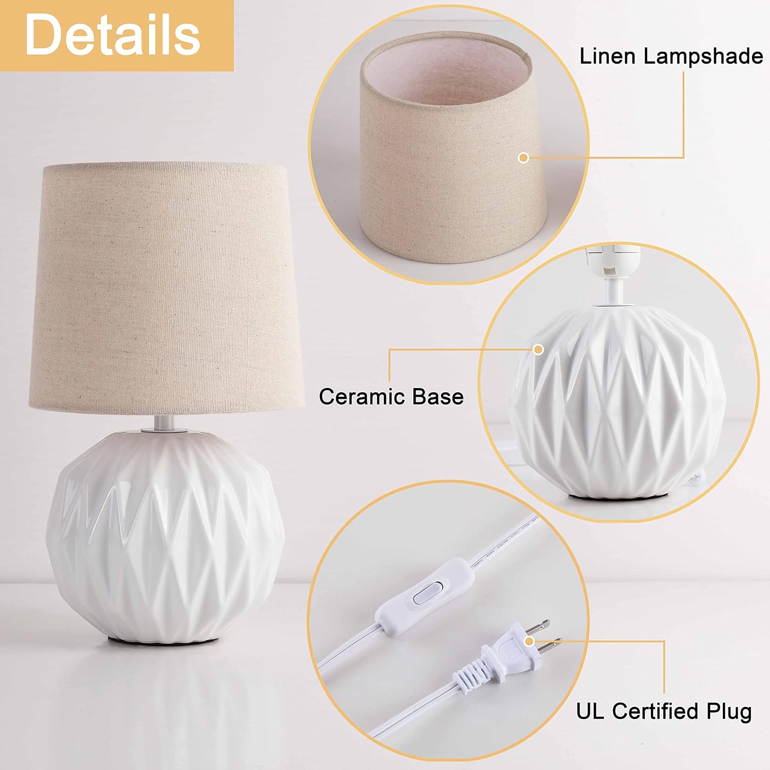 White Ceramic Table Lamp, Geometric Textured Small Bedside Lamp with Linen Shade, Mid Century Modern Nightstand Lamp for Bedroom Living Room Reading Room, H 12" x W 6.7", 7W LED Bulb Included