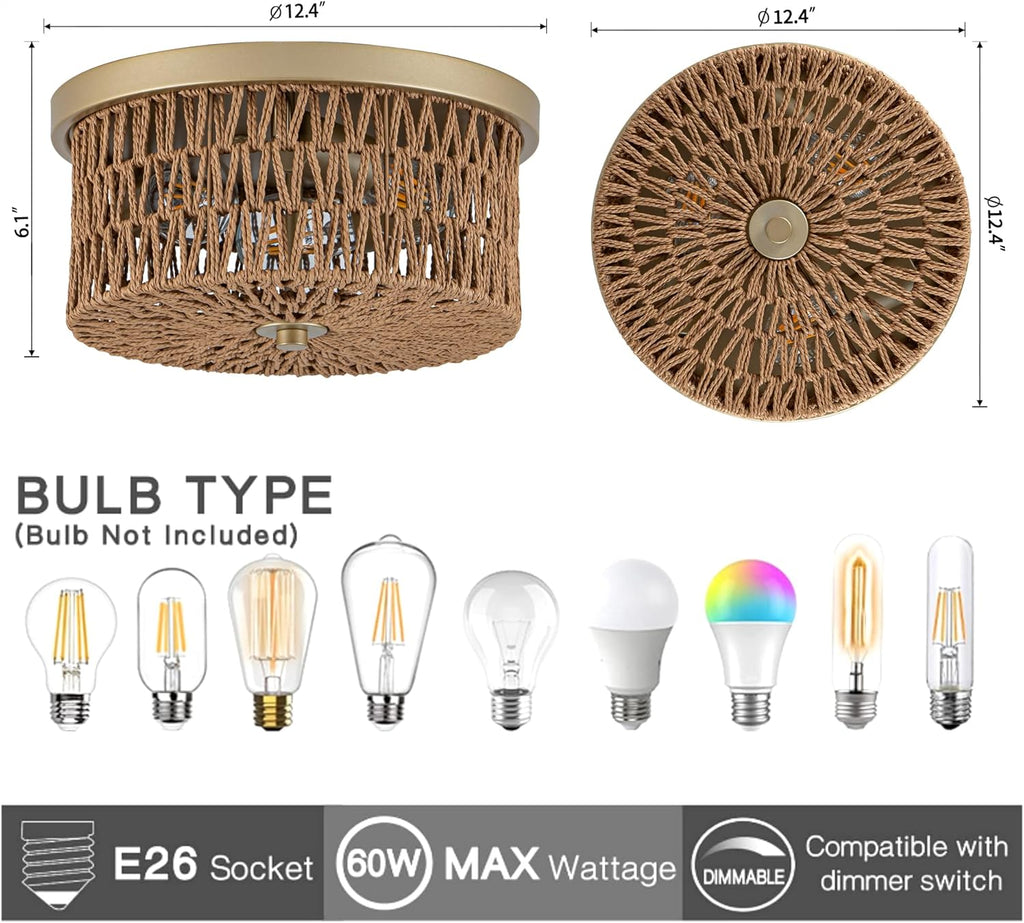 Rattan Ceiling Light, 3 Light Boho Light Fixture, Round Woven Flush Mount Ceiling Light for Entryway, Hallway, Bedroom, Kitchen