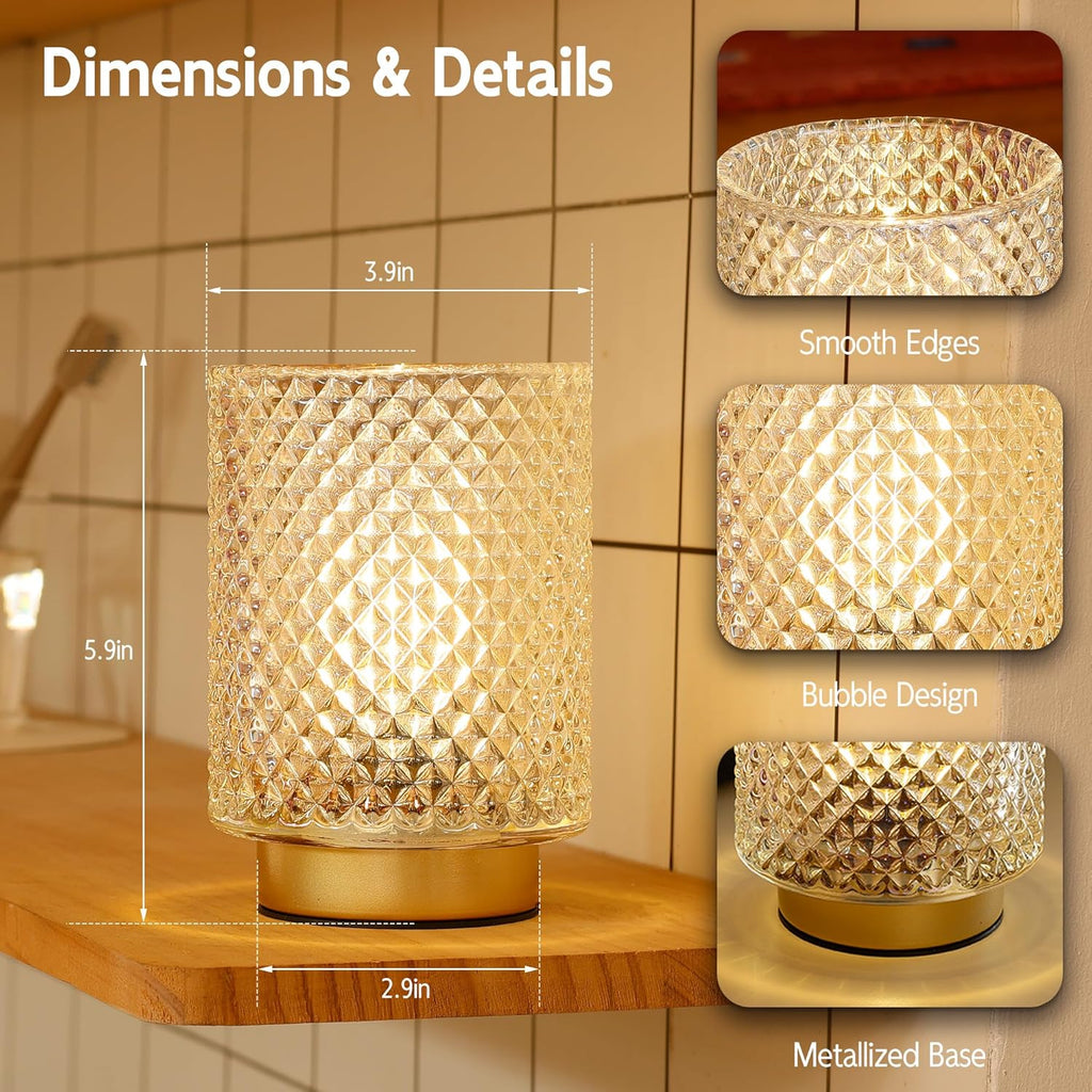 Battery Operated Lamp,Cordless Glass Accent Table Lamp with Timer for Bedside,Small Decorative Lamp with Warm White LED Bulb for Nightstand/Bookshelf/Entryway/Tabletop/Counter Decor(Iridescent Clear)